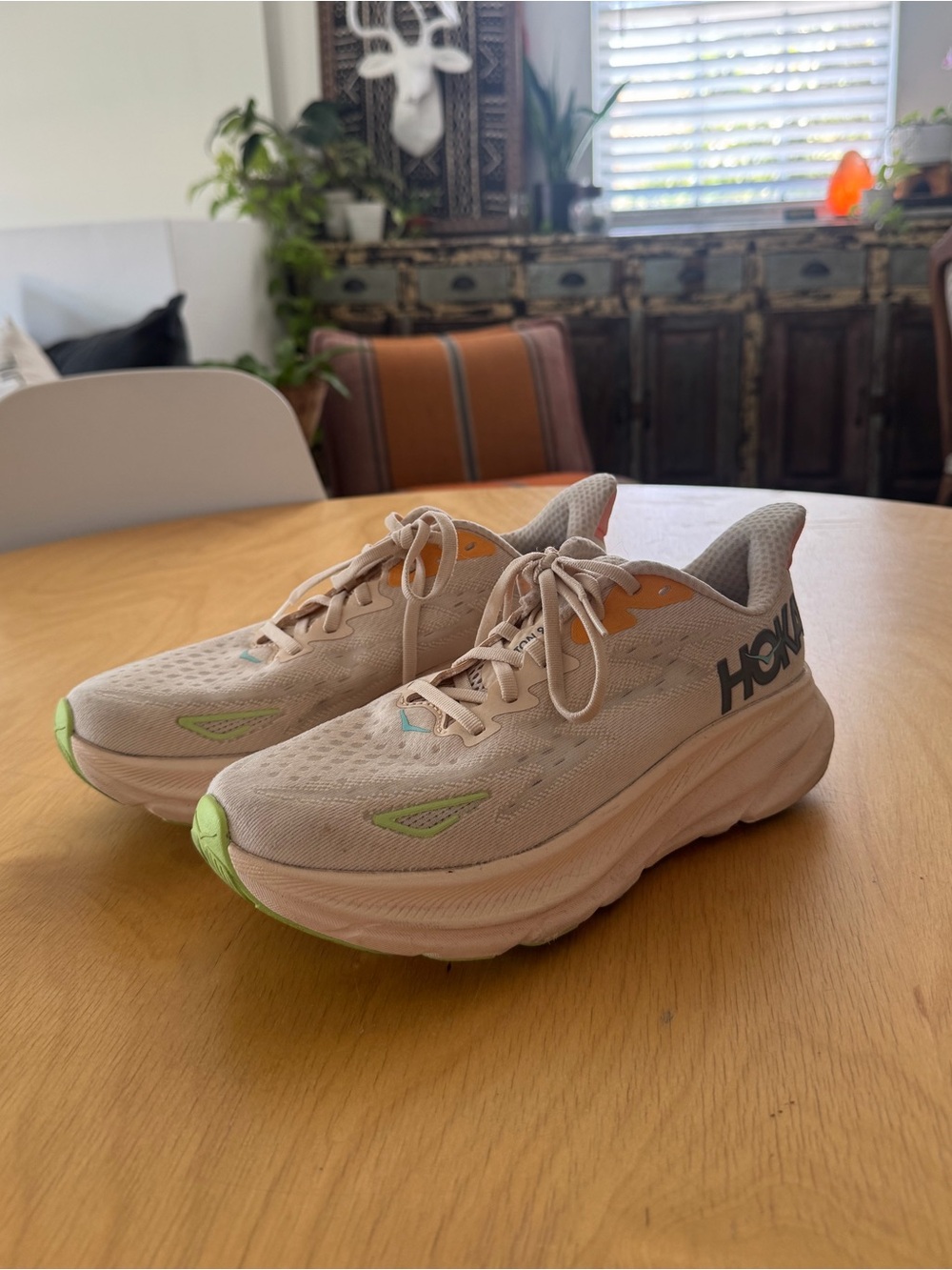 Hoka Women's Clifton Running Sneakers in Beige with Lime Accents